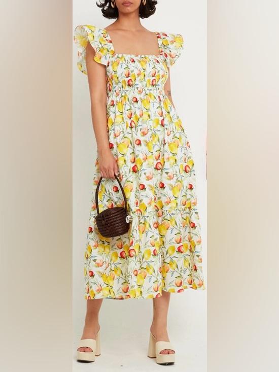 o.p.t Dresses & Skirts - O.P.T 100% Cotton Lemon Print Citrus Midi Dress Tiered Skirt Ruffle Sleeves XL